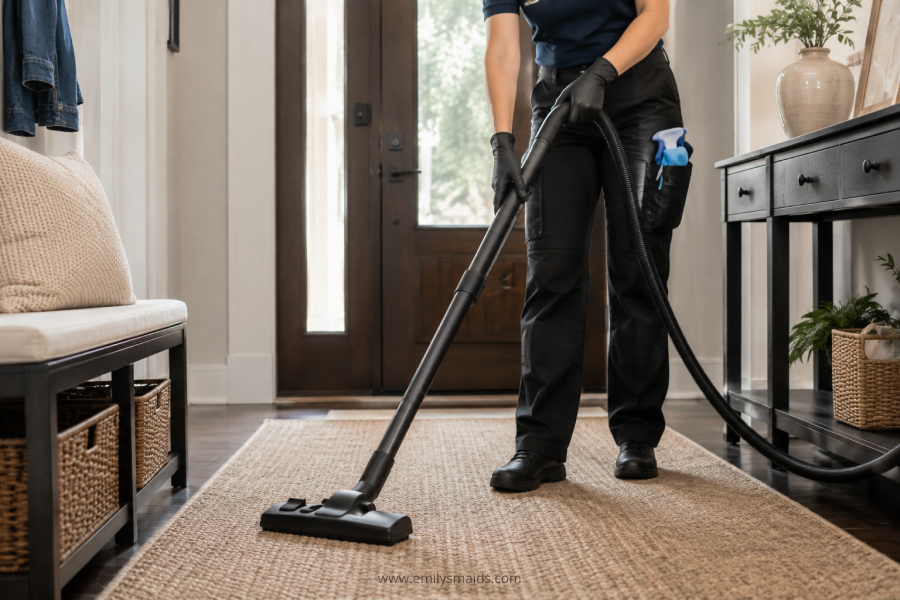 Professional cleaner vacuuming entryway
