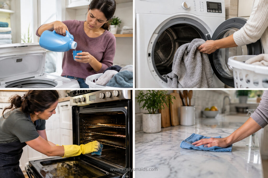 Bad habits for house cleaning such as using too much detergent or soap