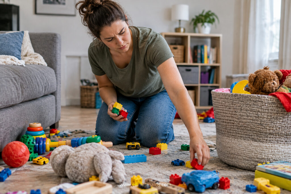 Woman picking up toys